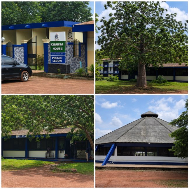 PRESEC Legon: Kwansa House, Father Odadee tree, library, and dining hall.